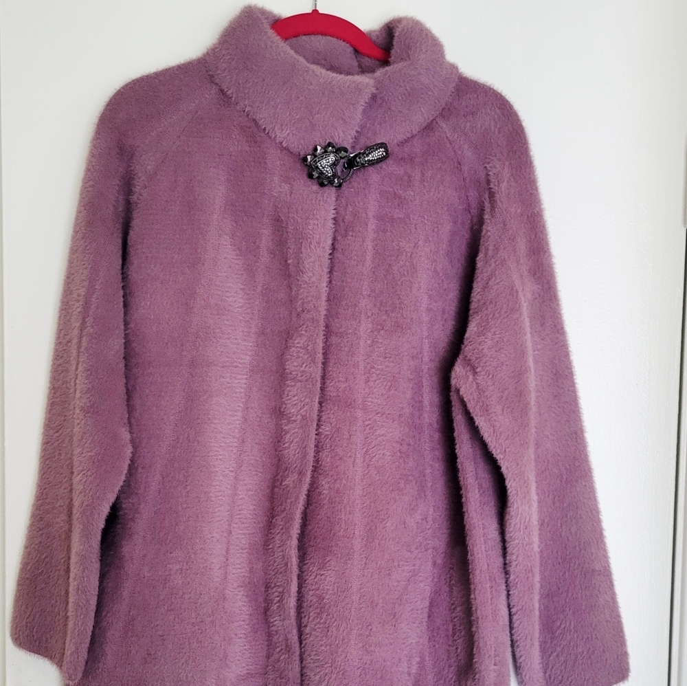 Lavender Wool Angora Fur Coat Womens Fuzzy Brooch